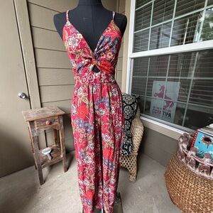 Angie Red Floral Twist-Front Spaghetti Strap Jumpsuit